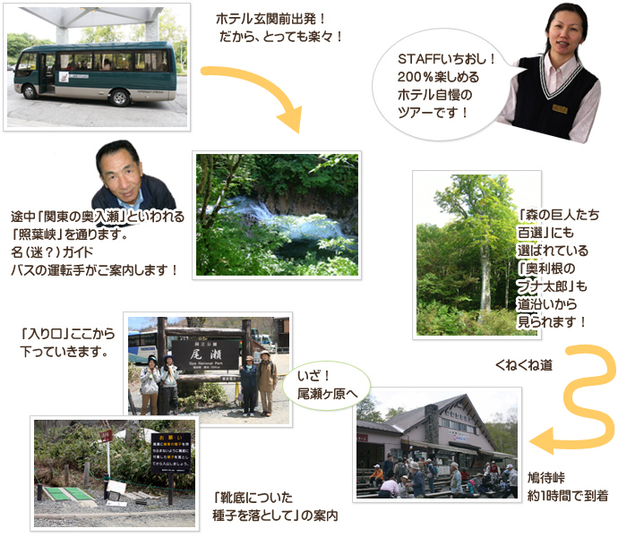 「200％楽しむ尾瀬ツアー」ホテル玄関前から鳩待峠までバスで出発！