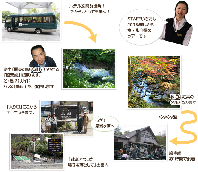 「200%楽しむ尾瀬ツアー」ホテル玄関前から鳩待峠までバスで出発!